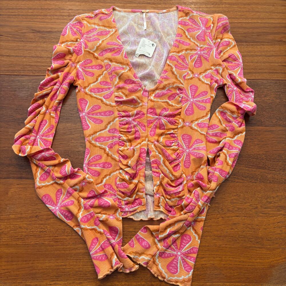 Free People Orange Pink Long Sleeve Blouse NWT Size Small